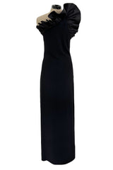 Fabulous 1980s Bill Blass One Shoulder Black Crepe Dress w High Taffeta Ruffle Detail