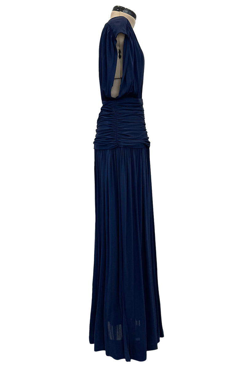 Resort 1986 Yves Saint Laurent Deep Plunge Front Blue Draped Silk Jersey Dress