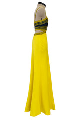Exceptional 1960s James Galanos Yellow Silk Crepe w Blue & Yellow Beaded Back Cut Out Top