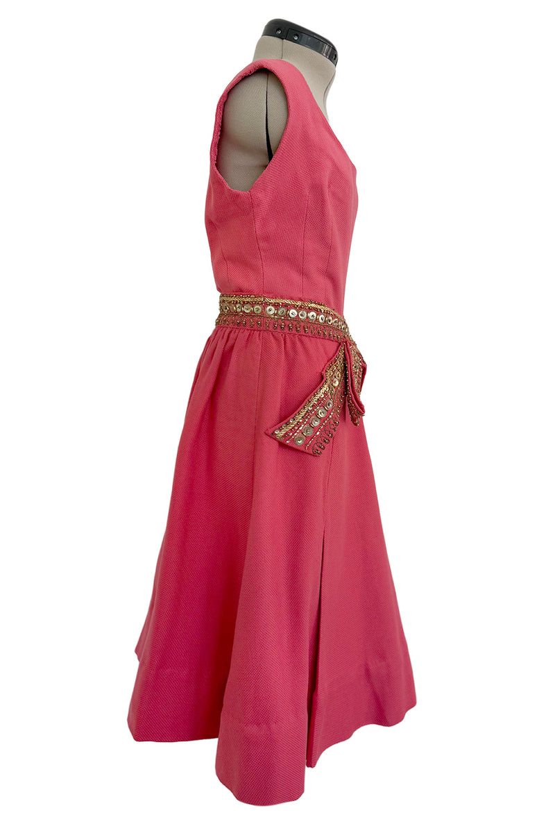 1950s Unlabeled Lanvin-Castillo Couture Elaborate Gold Beaded Pink Waffle Weave Top & Skirt