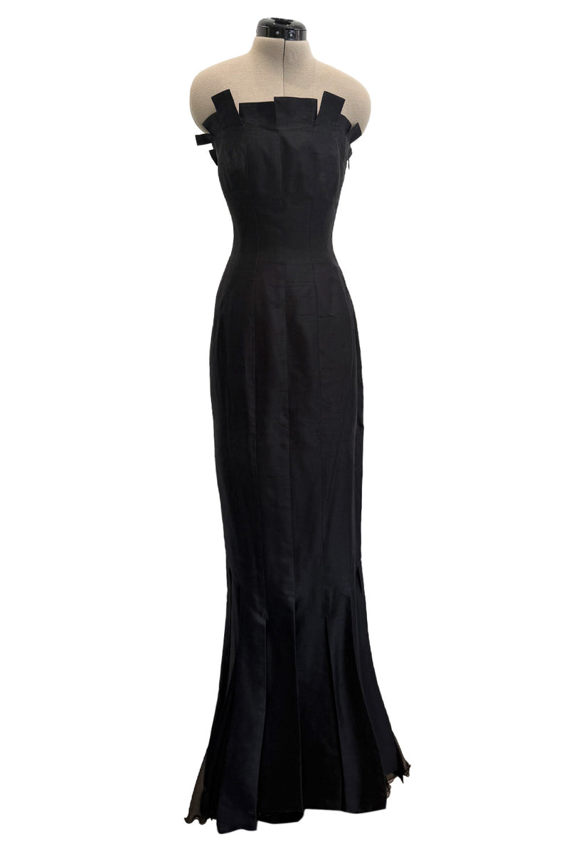 Fantastic c.1983 Thierry Mugler Black Raw Silk Vertical Panel Dress w Car Wash Hem & Silk Chiffon
