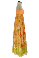 Gorgeous 1970s Hanae Mori Strapless Pastel Floral Print Chiffon & Silk Dress w Shawl
