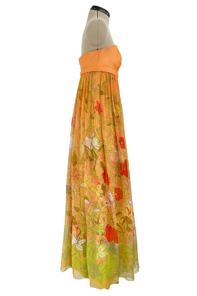 Gorgeous 1970s Hanae Mori Strapless Pastel Floral Print Chiffon & Silk Dress w Shawl