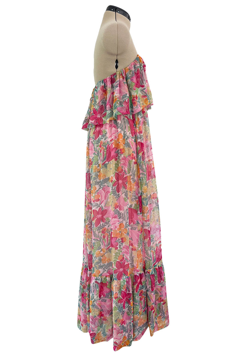 Important Spring 1978 Christian Dior by Marc Bohan Prettiest Pink Floral Silk Chiffon Strapless Dress