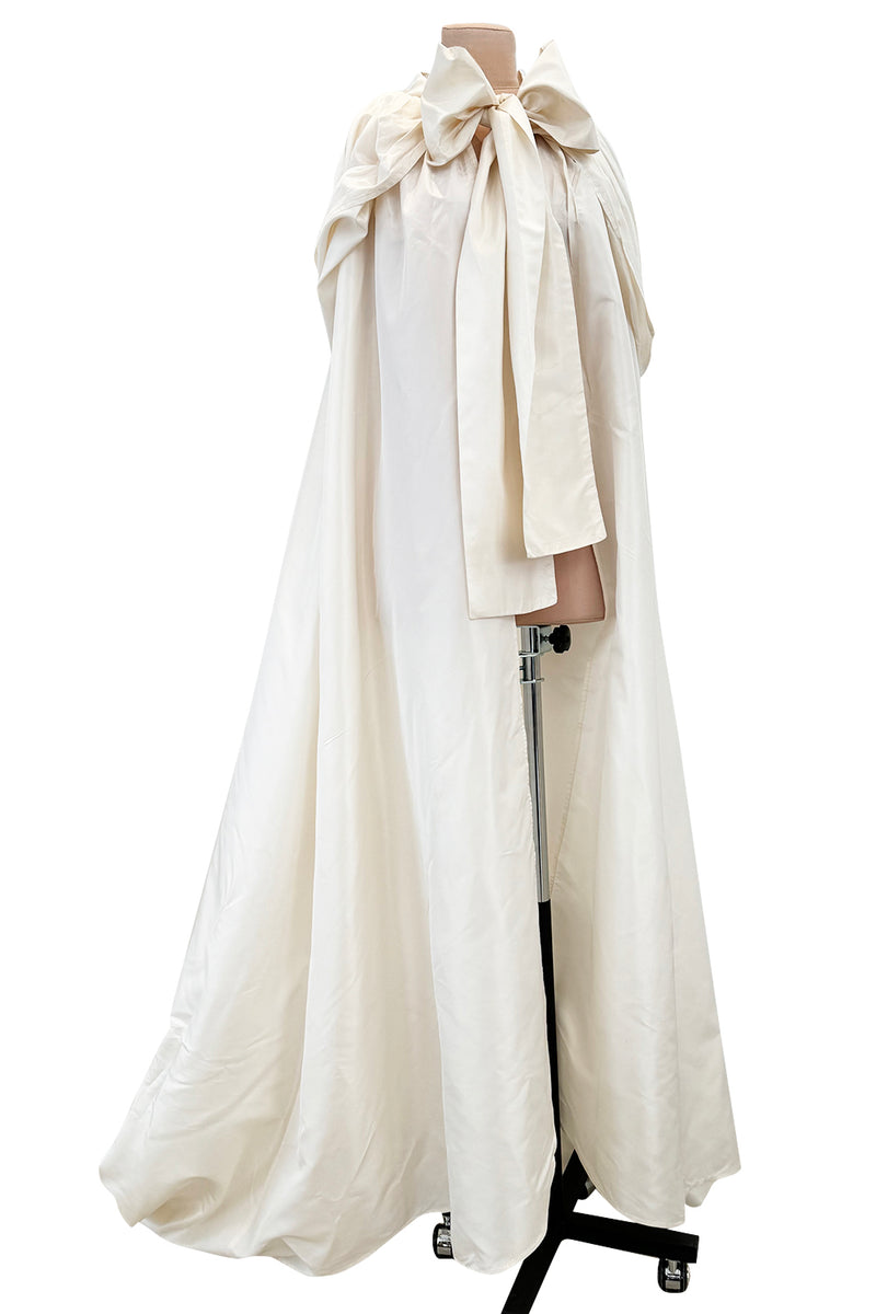 Incredible 1970s Loris Azzaro Ivory Silk Fantasty Voluminous Full Trained Cape w Oversized Hood
