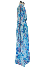 Dreamy 1970s Pierre Cardin Blue Floral Print Silk Chiffon Dress w Long Angel Sleeves