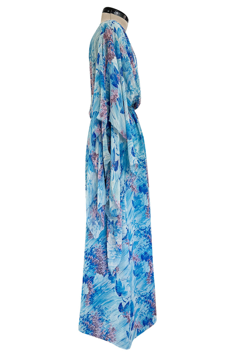 Dreamy 1970s Pierre Cardin Blue Floral Print Silk Chiffon Dress w Long Angel Sleeves