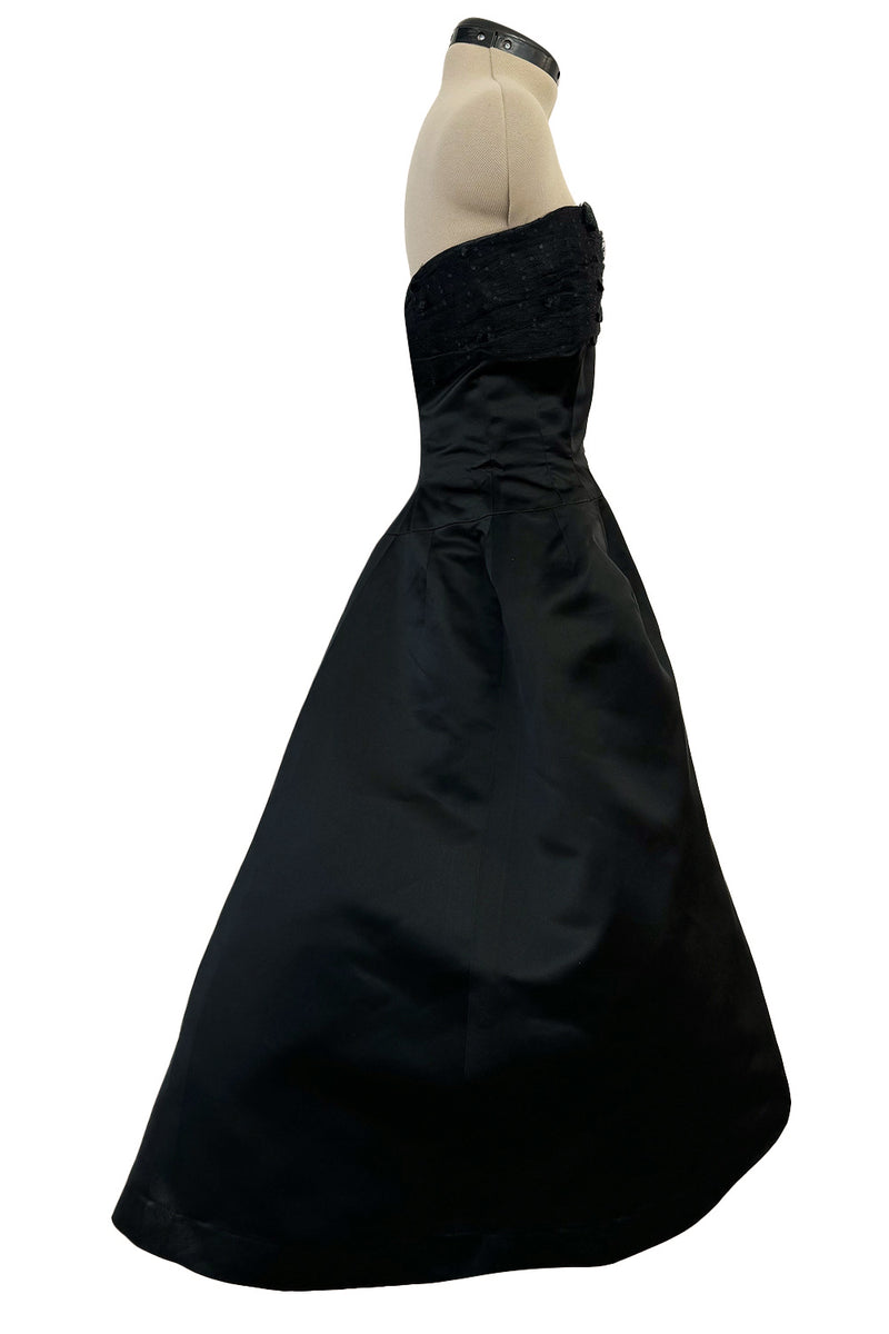 Extraordinary Winter 1954 Cristobal Balenciaga Haute Couture Strapless Black Silk Dress w Lace Bodice