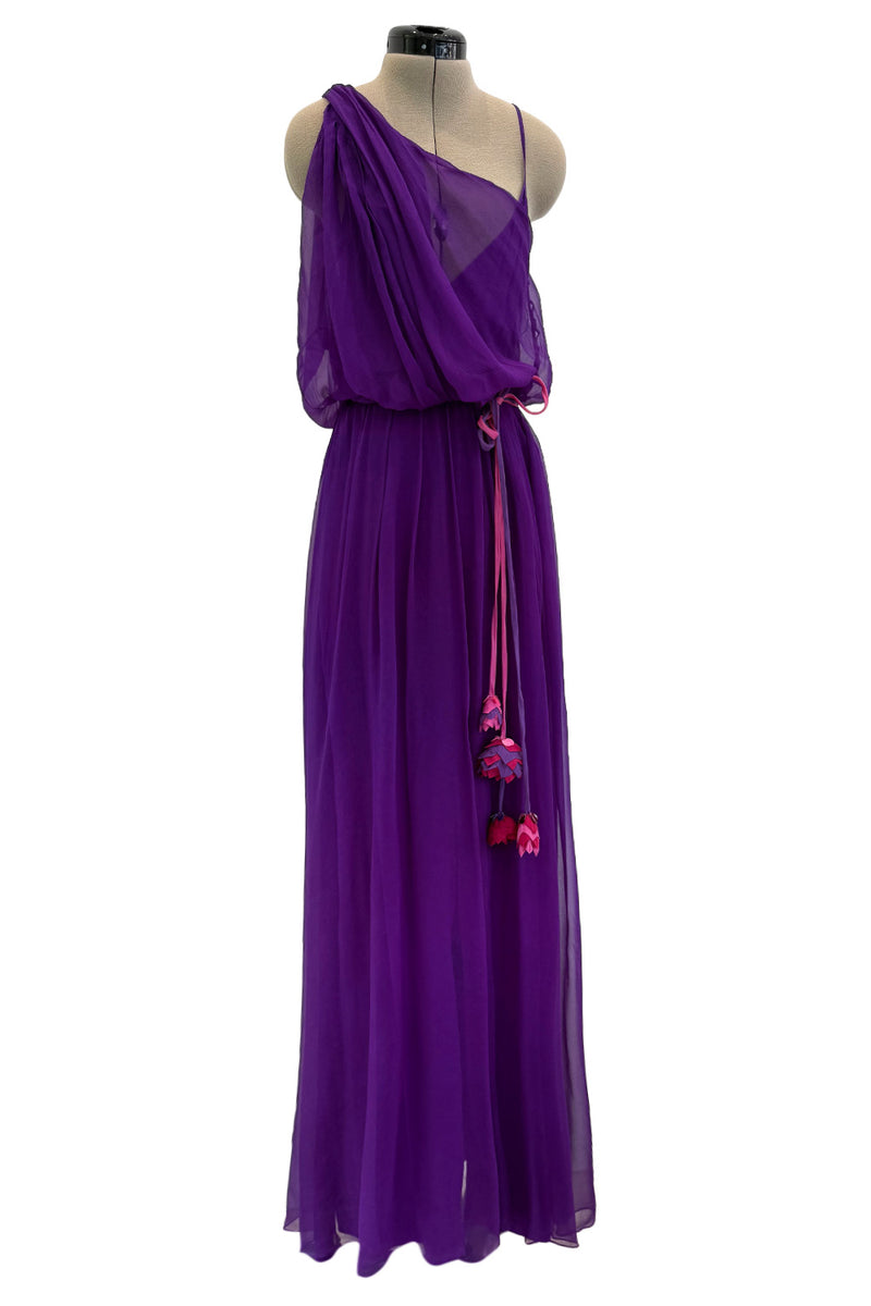 Spring 2001 Christian Dior by John Galliano Purple Silk Chiffon One Shoulder dress w Matching Pink & Red Floral Tie Belt