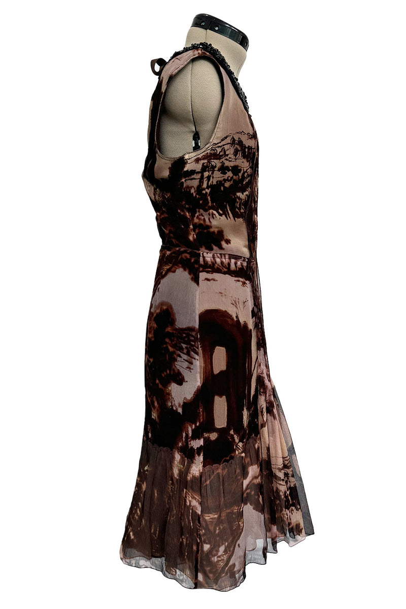 Prettiest Fall 2004 Prada Runway & Ad Campaign Print Silk Chiffon Dress w Beaded Detailing
