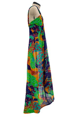 Exceptional Spring 1991 Yves Saint Laurent Runway Vivid Printed One Shoulder Cotton Dress