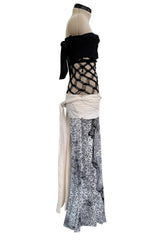 Fantastic Spring 2001 Jean Paul Gaultier Runway Multi Length Mesh Band Dress w Jersey Face Print Skirt