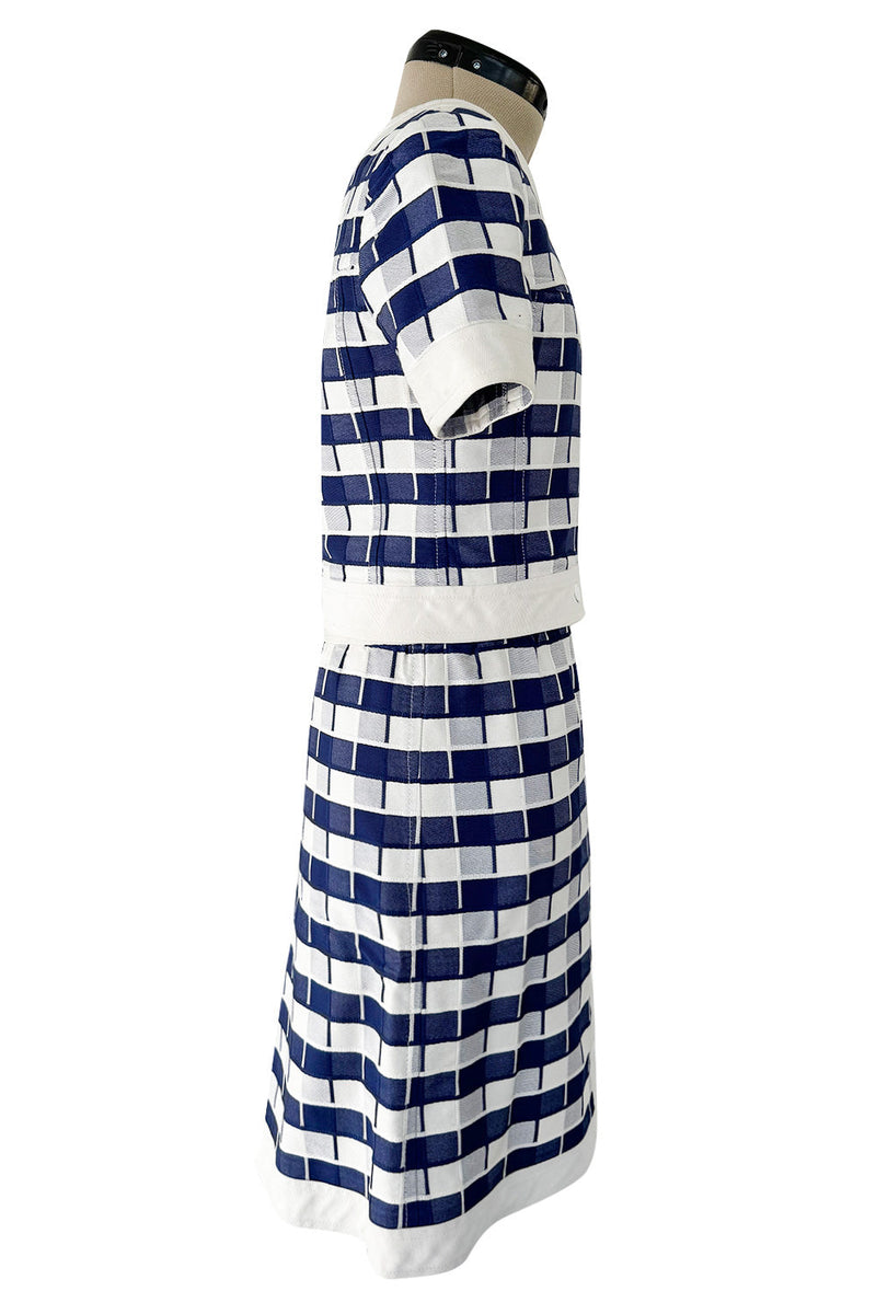 Cutest 1970s Andre Courreges Paris Numbered Hyperbole Blue & White Check Skirt & Jacket Suit Set