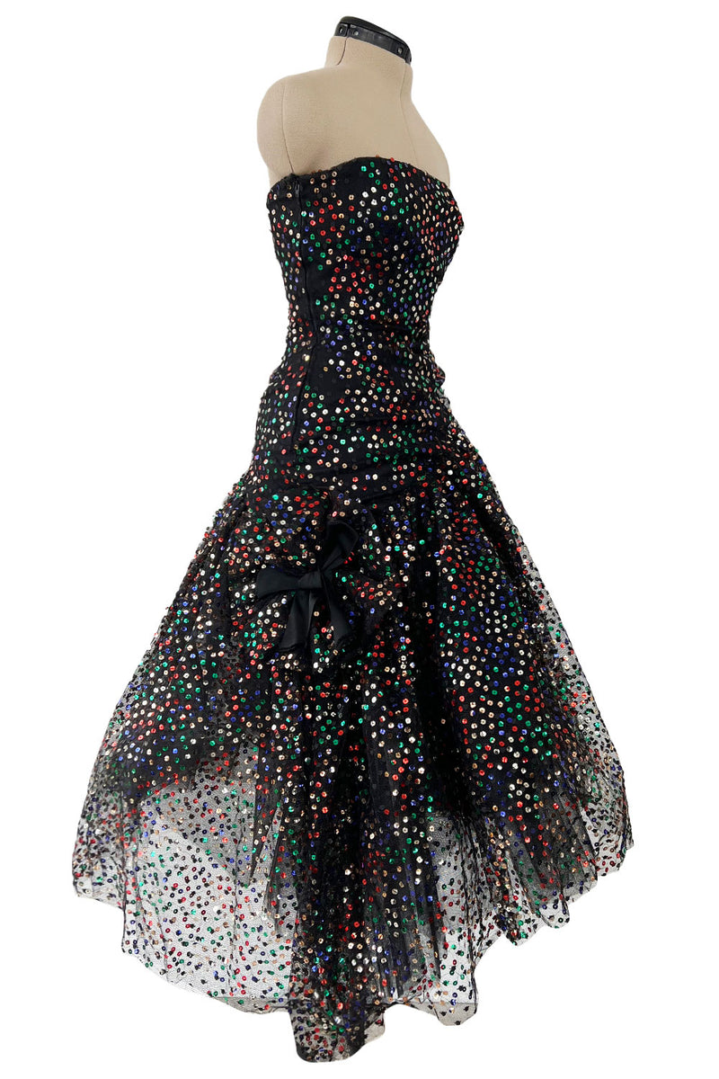 Gorgeous 1980s Arnold Scaasi Black Net Dress w Multi Colour Sequins & Asymmetrical Skirt