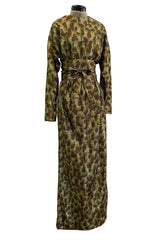 Fall 1979 Halston Runway Olive Brown & Deep Metallic Gold Leopard Print Bias Cut Dress w Belt
