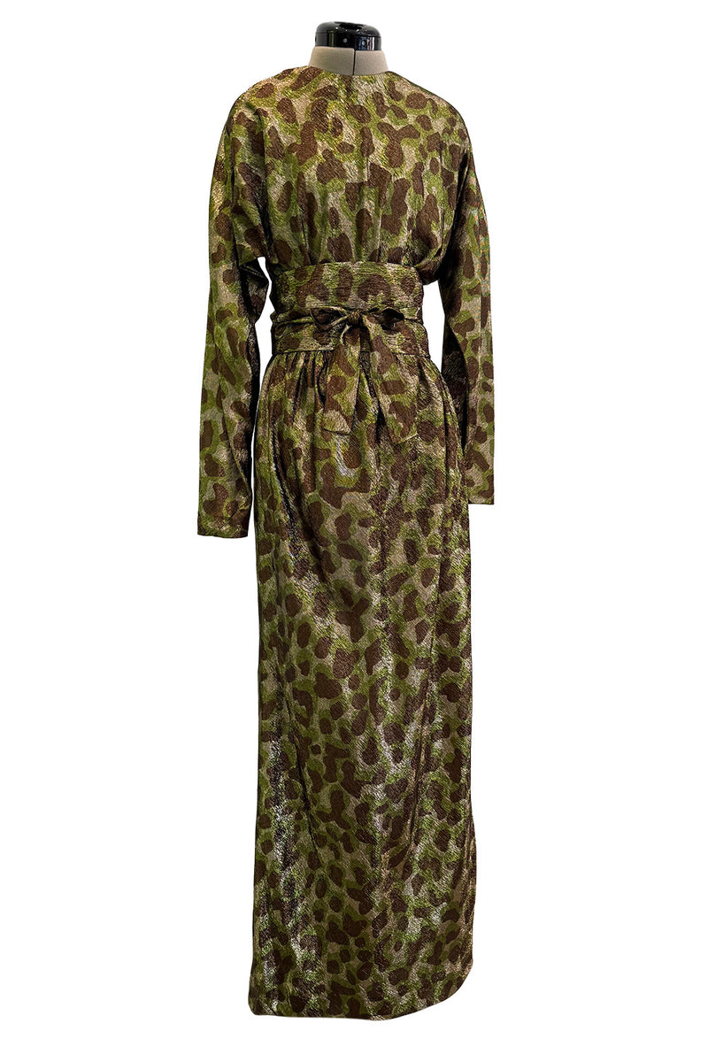 Fall 1979 Halston Runway Olive Brown & Deep Metallic Gold Leopard Print Bias Cut Dress w Belt