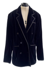 Iconic 1970s Yves Saint Laurent Midnight Blue Velvet Jacket w Ribbon Trimmed Edges