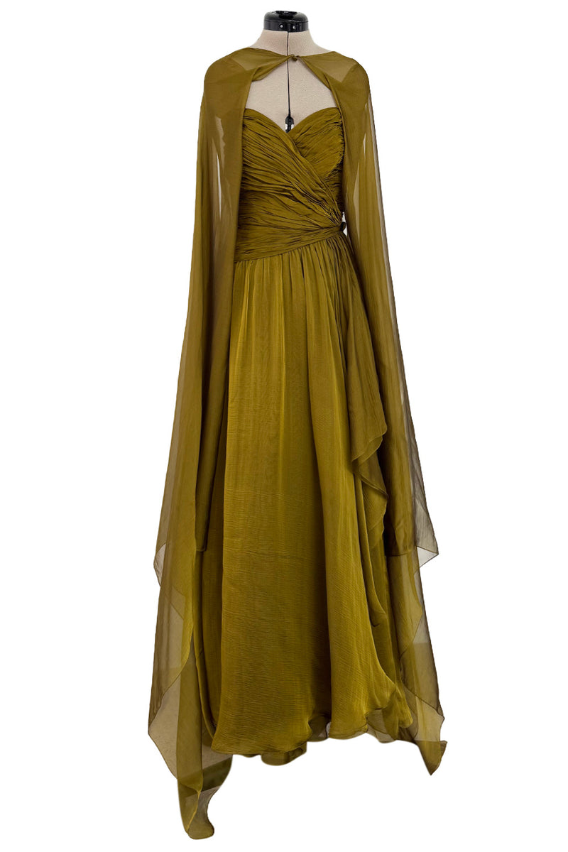 Fall 1989 Oscar de la Renta Iridescent Green Gold Silk Chiffon Strapless Dress w Matching Cape