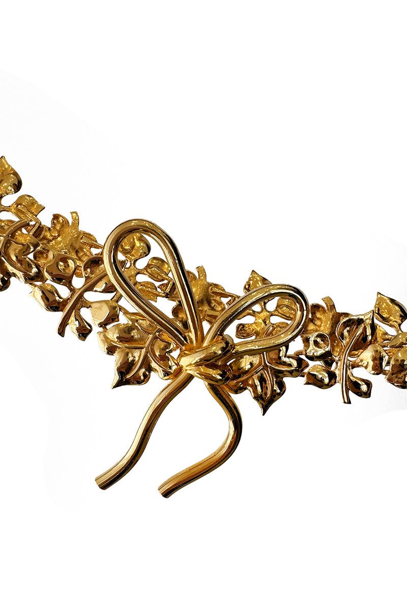 Prettiest Vintage Lanvin Gold Toned Metal Hook Clasp Belt w Attached Leafs & a Bow Front