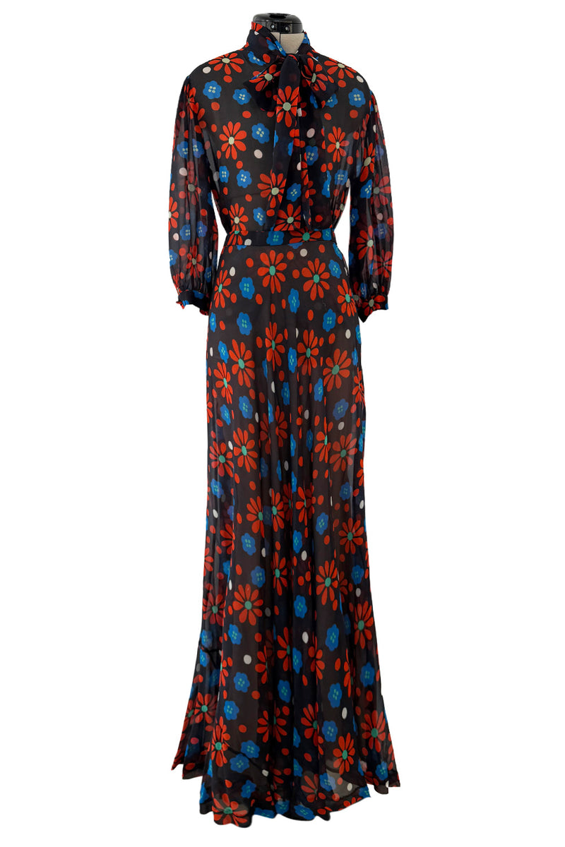 Outstanding Spring 1974 Yves Saint Laurent Floral Print Silk Chiffon Top & Skirt Set