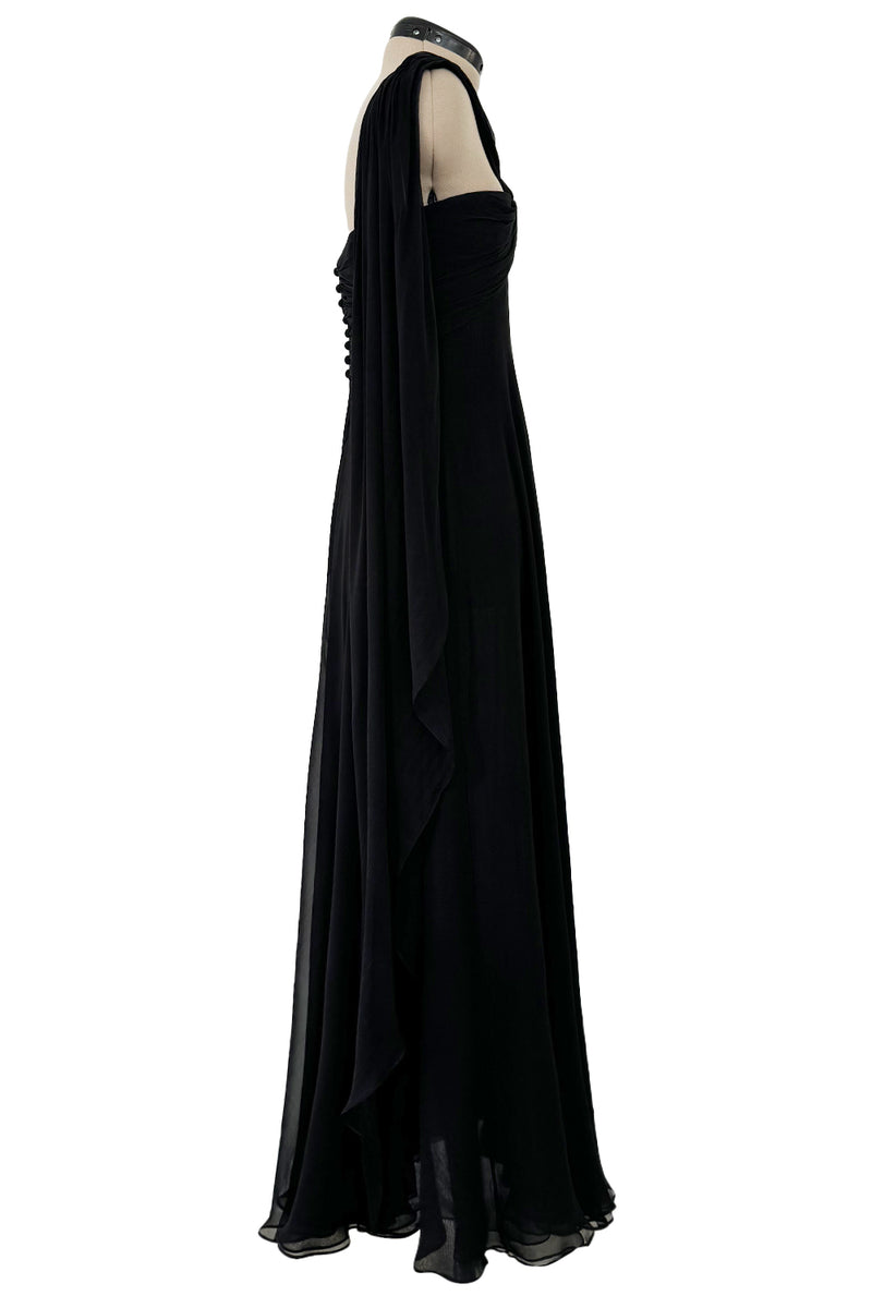 Gorgeous Spring 1989 Bill Blass Runway Black Silk Halter Chiffon w Trailing Shoulder Panels