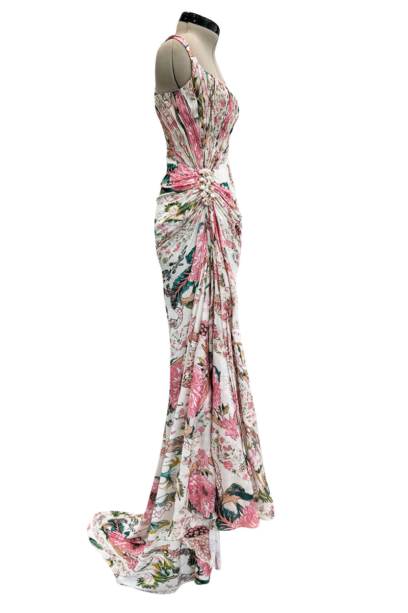 Phenomenal Spring 2006 Roberto Cavalli Pink Floral Print on Ivory Jersey Dress (Copy)