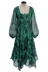 Well Documented Spring 1970 Unlabeled Thea Porter Green Butterfly Print Silk Chiffon Dress