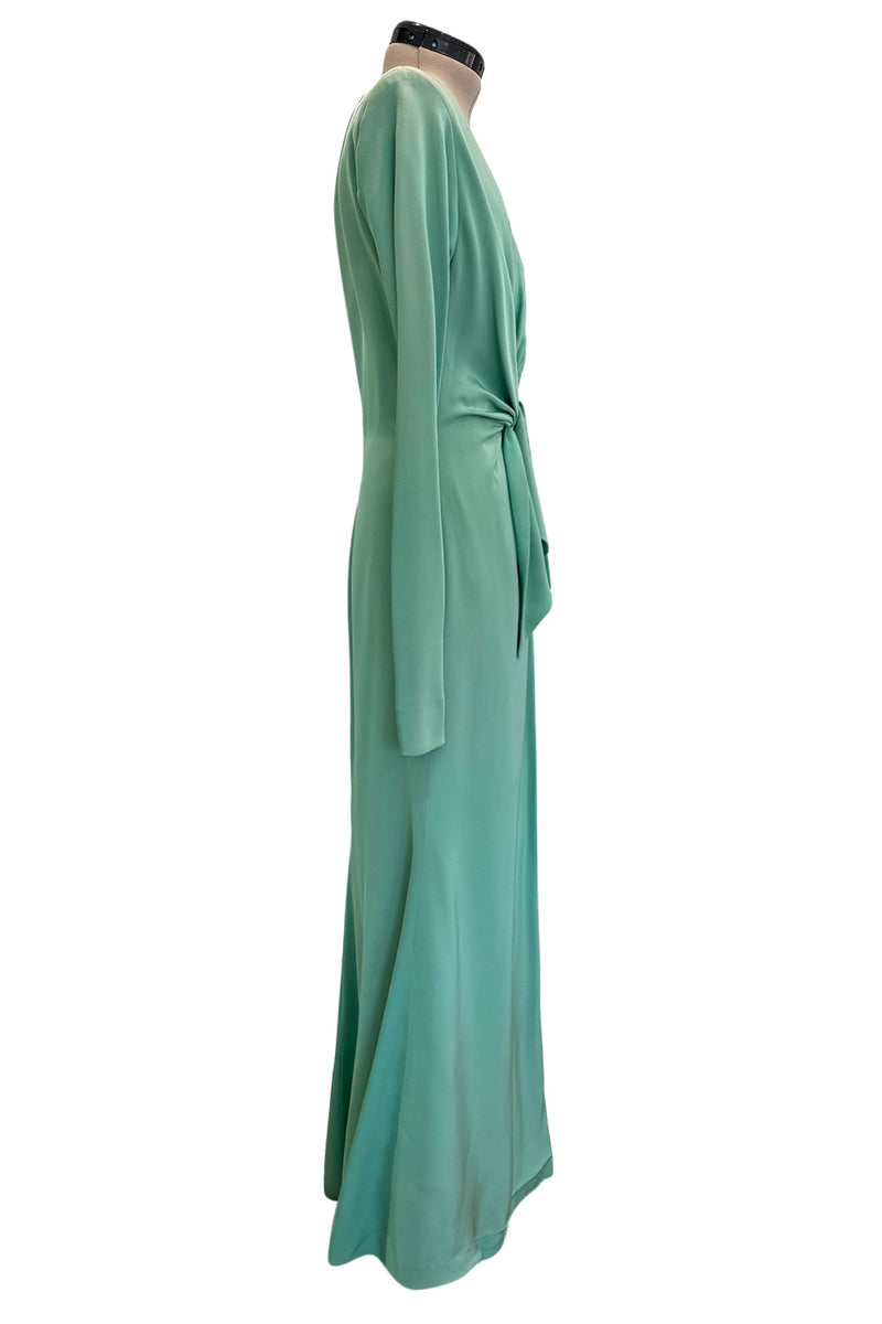 Iconic Spring 1985 Yves Saint Laurent Haute Couture Runway Pale Green Silk Dress w Front Plunge & Tie
