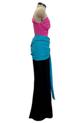 Iconic Spring 1985 Yves Saint Laurent Runway Pink & Black One Shoulder Dress w Blue Swag