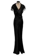 Iconic Fall 2005 John Galliano Black Silk Bias Cut Dress w Plunge Front & Lace Trimmed Cap Sleeves