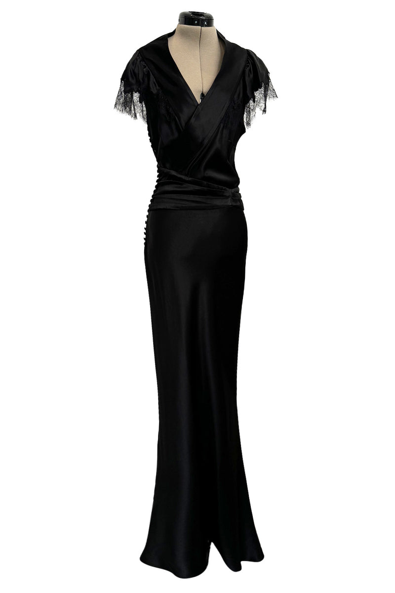 Iconic Fall 2005 John Galliano Black Silk Bias Cut Dress w Plunge Front & Lace Trimmed Cap Sleeves