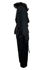 Fabulous 1970s Valentino Black Silk Cropped Pants & Black Silk Top Set w Gold Detailed Ruffled Collar