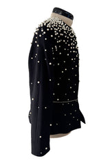 Incredible 1980s Givenchy Black Crepe Jacket w Pearl & Rhinestone Applique