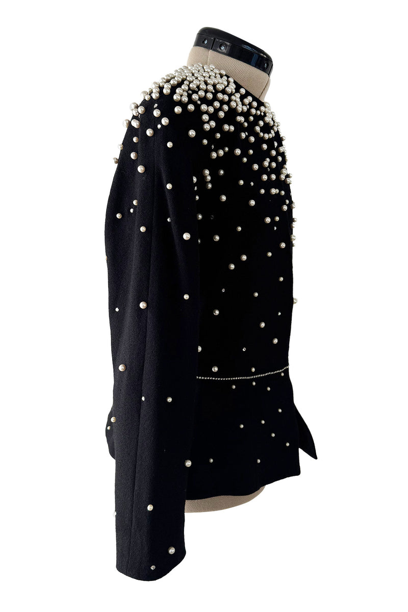 Incredible 1980s Givenchy Black Crepe Jacket w Pearl & Rhinestone Applique