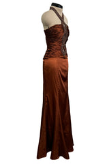 Chic 2000s Gianni Versace Bronze Gathered Silk Bodice Dress w an Elaborately Beaded Cut Out Front & Sweepimng Back