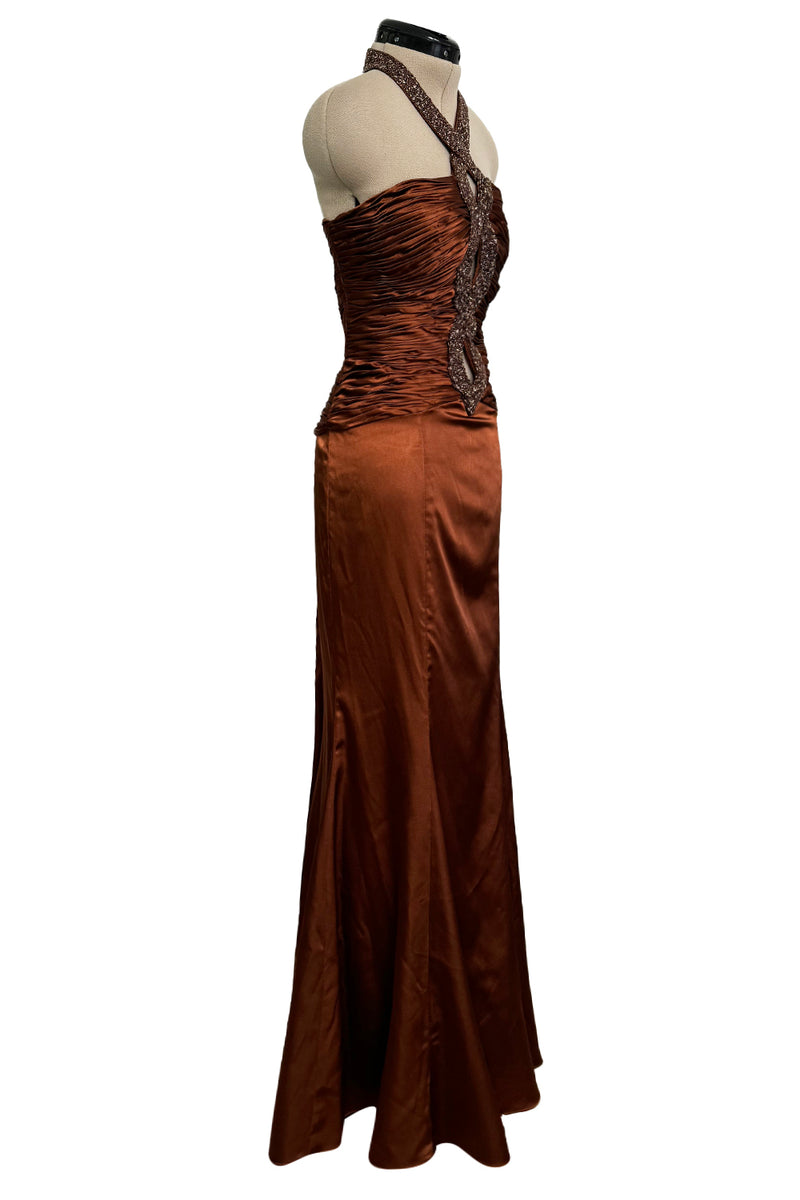 Chic 2000s Gianni Versace Bronze Gathered Silk Bodice Dress w an Elaborately Beaded Cut Out Front & Sweepimng Back