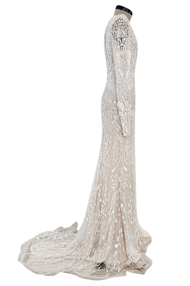 Beautiful Spring 2022 Naeem Khan Bridal Collection 'Salinas' Ivory Net Dress w Sequin Pattern & Trained Skirt