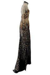 Gorgeous Spring 2005 Roberto Cavalli Black & Gold Feather Print Bias Cut Silk Dress w Open Criss Cross Back