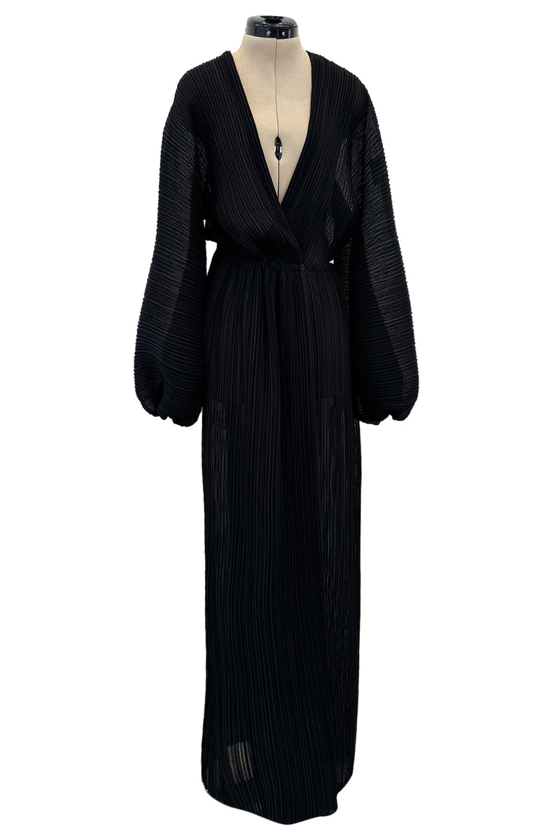 Incredible Spring 1978 Halston IV Plunged & Pleated Black Wrap Runway Dress w Balloon Sleeves