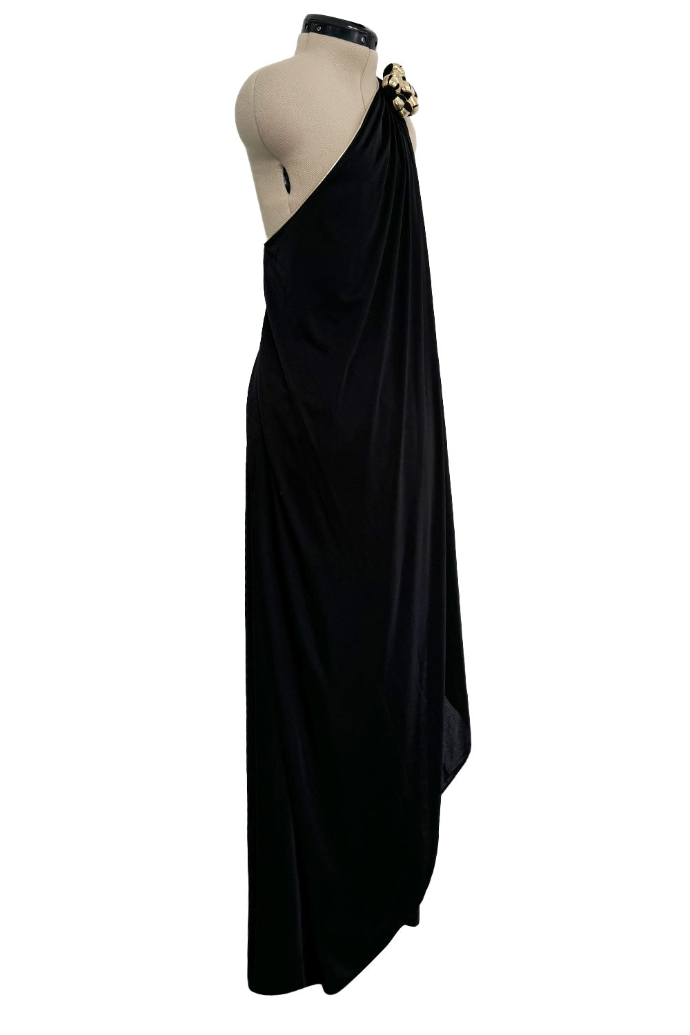 1981 Bill Tice Lilac One Shoulder Jersey Dress w Gold Lame Flower Detailing