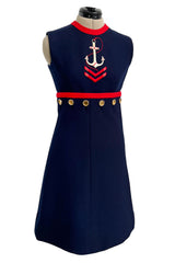 Museum Held Spring 1968 Norman Norell Unlabeled Couture Blue Button & Anchor Sailor Dress