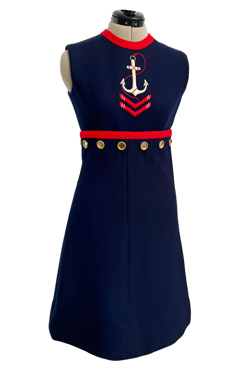 Museum Held Spring 1968 Norman Norell Unlabeled Couture Blue Button & Anchor Sailor Dress