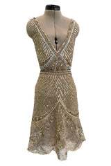 Prettiest 2000s Valentino Roma Metallic Gold Sequin & Bead Silk Chiffon on Netting Top and Skirt Set