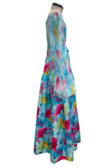 Prettiest 1970s Richilene Pastel Turquoise & Pink Floral Print Silk & Silk Chiffon Dress w Balloon Sleeves