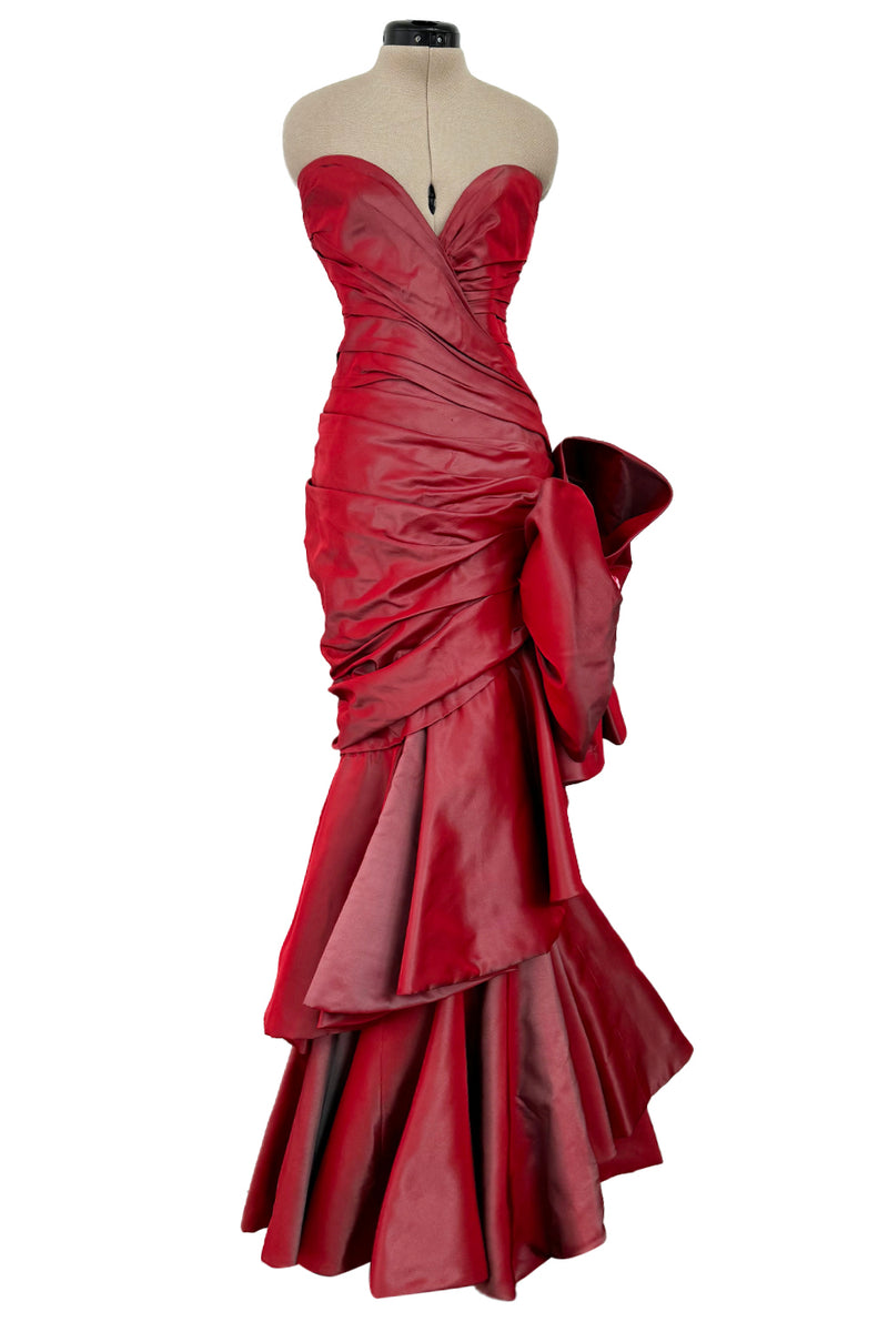 Exceptional Fall 1991 Emanuel Ungaro Haute Couture Runway Strapless Hand Draped Iridescent Silk Dress w Bow