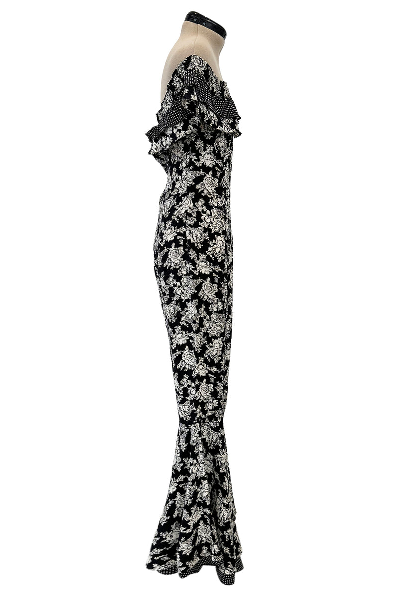 Ultra Rare Spring 1993 Versace by Gianni  Versace Silk Black & White Printed Off Shoulder Bell Bottom Jumpsuit