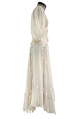 Rare 1969-75 Thea Porter Couture Embroidered Silk Organza & Gold Metallic Dress w Balloon Sleeves