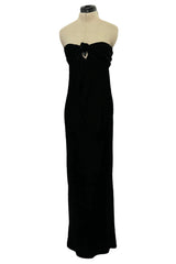 Rare 1976 Halston Couture Iconic Well Documented Front Tying Bias Cut Black Velvet Strapless Column Dress