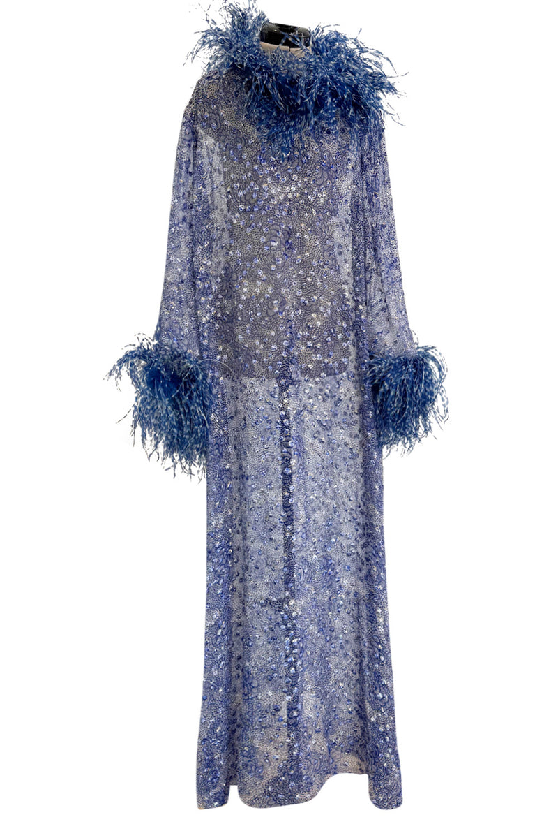 1970s Unlabeled Printed Silk Chiffon Dress w Gold & Silver Thread & Feather Collar & Cuffs