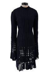 Important & Rare Fall 1993 Azzadine Alaia Black Ribed Knit Laser Cut Out & Fringe Dress